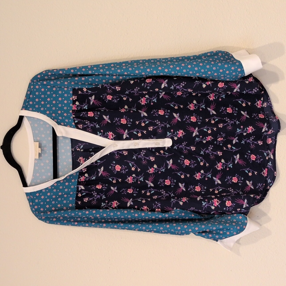 Modcloth Navy and Teal Floral Mixed-Print Henley Blouse